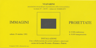 Immagini proiettate, Fu Amedeo Martegani a disegnare l’invito per l’inaugurazione di Viafarini. Amedeo era un promettente bravo artista, ma come avrebbe dimostrato negli anni a venire, era anche un imprenditore culturale