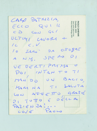 Paolo Canevari, Disegno, Cartolina ricevuta da Paolo Canevari negli anni a seguire, durante i quali si è mantenuto un ottimo rapporto