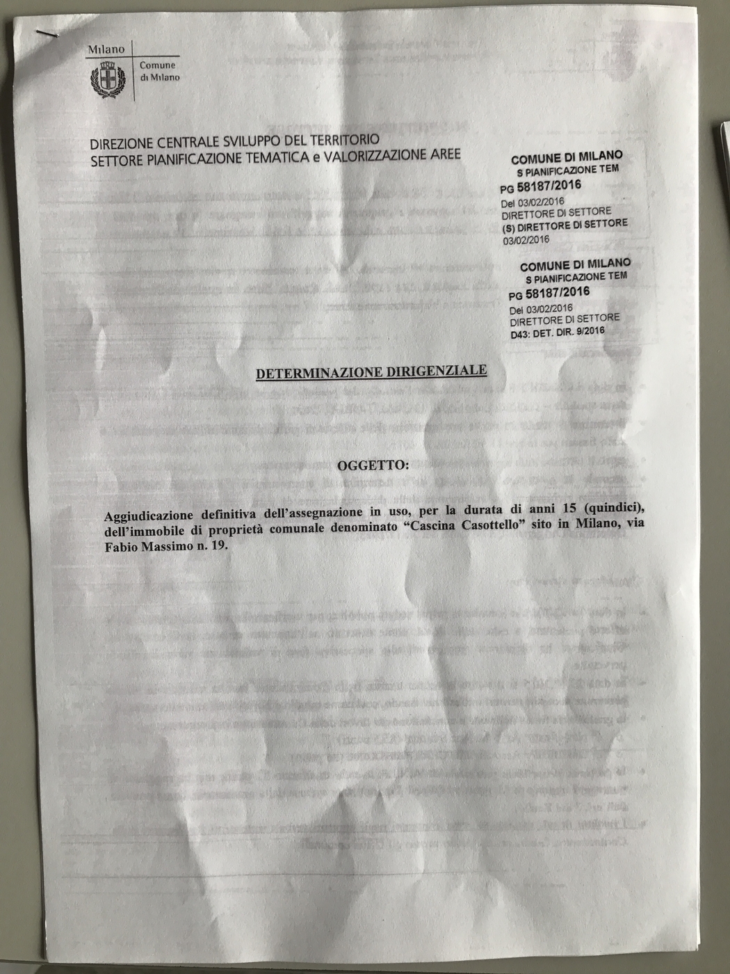 Intercultura - Capitolo 13 La Cascina, In foto: Aggiudicazione definitiva dell'assegnazione in uso, per la durata di anni 15, dell'immobile di proprietà comunale denominato "Cascina Casottello" sito in Milano, via Fabio Massimo n. 19, all'Associazione Sunugal, in data 03/02/2016