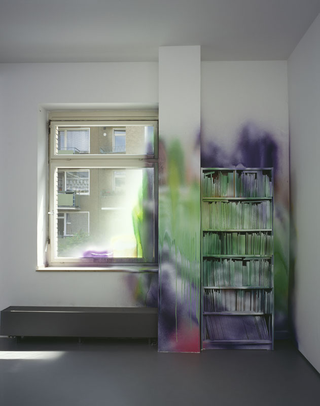 Katharina Grosse, If music no good I no dance, Untitled, 2003, acrylic on wall, bookshelf and books, 332 x 265 x 68 cm, Galerie Conrads, Dusseldorf, photo: Olaf Bergmann