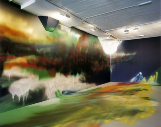 Katharina Grosse, If music no good I no dance, Infinite Logic Conference, 2004, acrylic on wall and objects, 388 x 2500 x 820 cm, Magasin 3 Stockholm Konsthall, Stockholm, photo: Mattias Givell, ©Magasin 3 Stockholm Konsthall/Mattias Givell