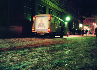 Maja Bajevic, Avanti Popolo, Maja Bajevic, The Speaker, 1998, action, video installation shown on the back of a mobile van, flyers / photographs.
Sarajevo Winter Festival ’98, SCCA, Sarajevo, Bosnia and Herzegovina (Curator Dunja Blazevic), 1998.

Photo documentation: Dejan Vekic