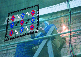 Maja Bajevic, Avanti Popolo, Maja Bajevic, Women at Work — Under Construction, 1999, five-day performance on the scaffolding of the National Gallery of Bosnia and Herzegovina / video (11’48”) / photographs.
Exhibition view: Under Construction, SCCA, Sarajevo, Bosnia and Herzegovina (Curator Dunja Blazevic), 1999.

Photo documentation: Haris Memija and Dejan Vekic