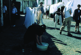 Maja Bajevic, Avanti Popolo, Maja Bajevic, Dressed Up, 1999, seven-hour performance / video (60’55”) / dress.
Exhibition view: MINIMUM, SCCA, City Gallery Collegium Artisticum, Sarajevo, Bosnia and Herzegovina (Curator Dunja Blazevic), 1999.

Photo documentation: Danica Dakic, SCCA