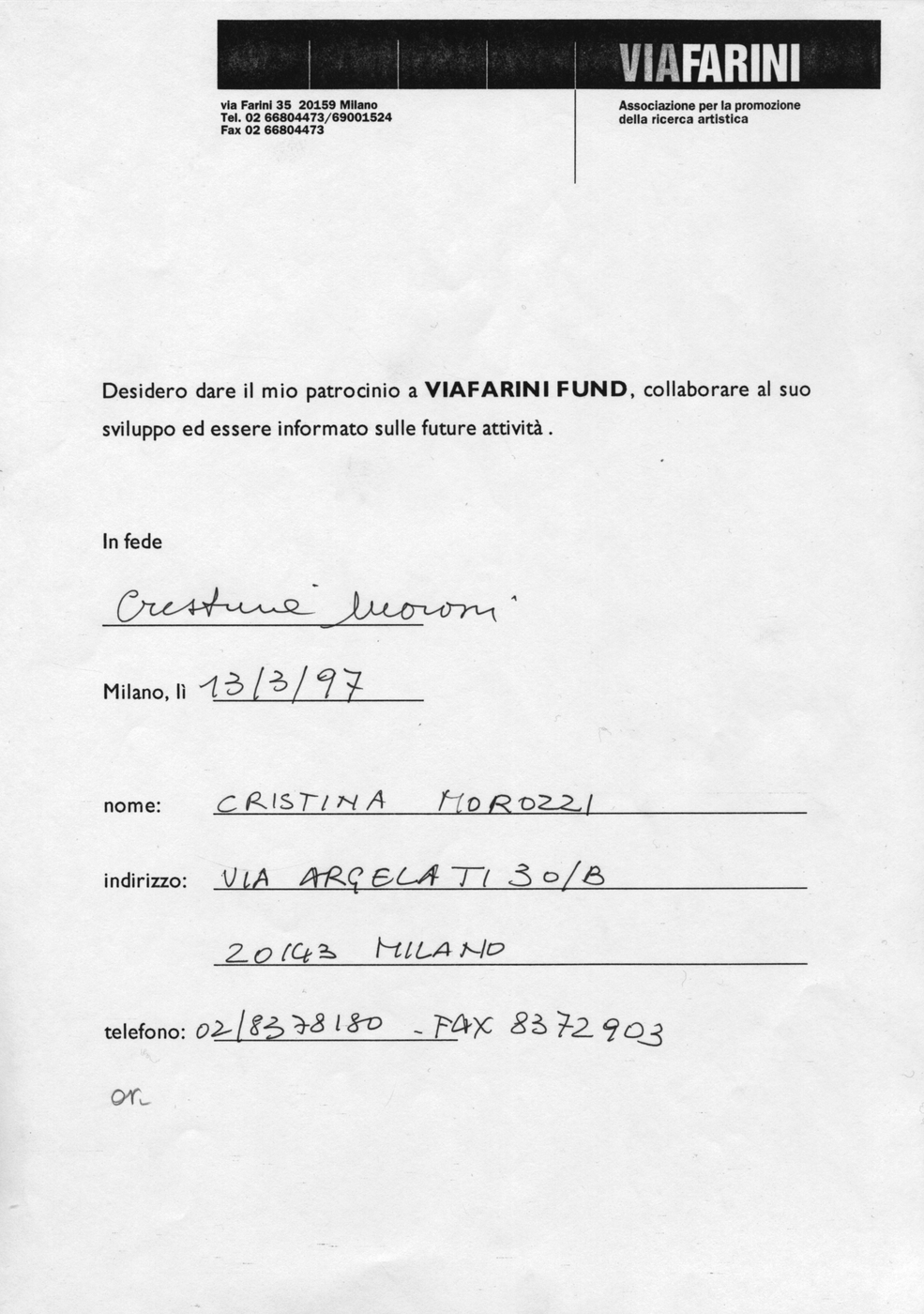 Massimo Morozzi, Quadri in esposizione, Al Viafarini Fund nel 1997