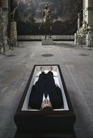 Maurizio Cattelan, Now, 2004
Polyester resin, wax, human hair, fabric, coffin
85 x 225 x 78 cm
ARC / Musee d'Art Moderne de la Ville de Paris at the Chapelle des Petits Augustins, Ecole nationale superieure des beaux-arts
Courtesy: Marian Goodman Gallery, New York 