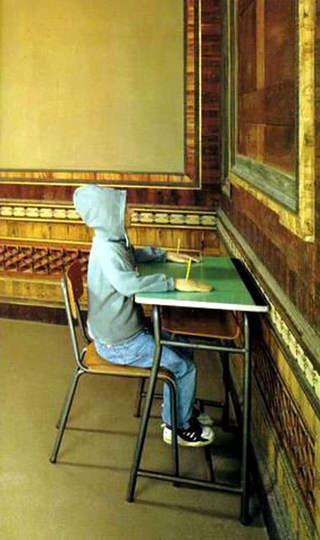Maurizio Cattelan, Charlie non fa il surf, 1997
(Charlie does not surf)
Bench and elementary school chair, pencils, dressed mannequin made of latex and fabric
112 x 71 x 70 cm
Castello di Rivoli - Museo d'Arte Contemporanea, Rivoli (TO)