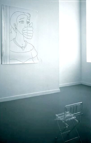 Liliana Moro, La fidanzata di Zorro, 1999
(Zorro's girlfriend)
Print on paper, glass chair
stampa cm 140 x 90, sedia cm 48 x 22 x 24
Courtesy: Galleria Emi Fontana, Milano 