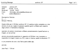 La Storia dell'Archivio - 2 - CD-ROM Archivio '97, Spedizioni CD-ROM all'estero nel 1998: mail Jean-Paul Olivier