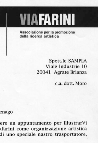 Richiesta di sponsorizzazione tecnica all'azienda Sampla Belting s.r.l. da parte di Viafarini per l'opera di Umberto Cavenago "Nastro trasportatore"