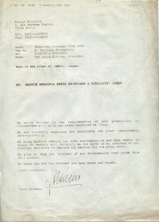 Martin Margiela, fax ricevuto a Viafarini nel 1993