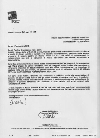Lettera di invito di Anna Mattirolo (Direttore MAXXI Arte) che riconosce DOCVA come uno dei maggiori archivi italiani e comunica l'organizzazione della mostra e del palinsesto di attività divulgative presso l'allora neoinaugurato Museo Nazionale