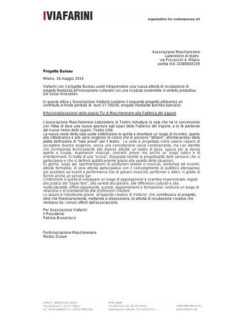 Contributo a fondo perduto di Viafarini per Mascherenere, maggio 2014