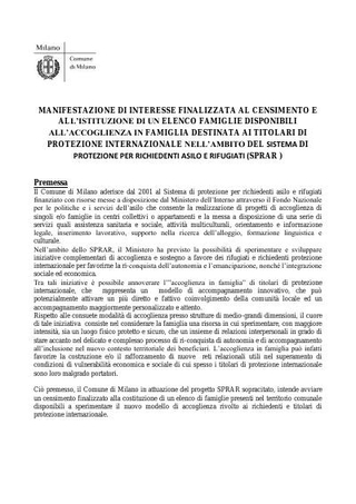 Manifestazione di interesse finalizzate all'istituzione di un elenco famiglie disponibili all'accoglienza destinata ai titolari di protezione internazionale (SPRAR), 2015