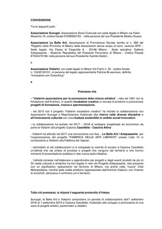 Convenzione Sunugal, Le Belle Arti - Artepassante e Viafarini, per avviare attività artistiche alla Cascina C.I.Q., 2018