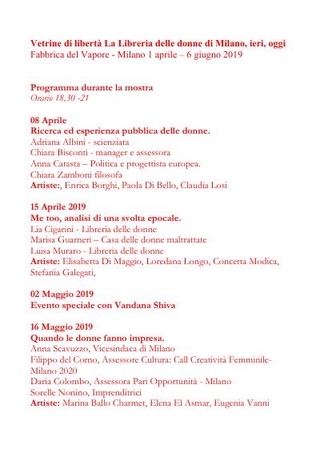 Francesca Pasini cura: Vetrine di libertà. La Libreria delle donne di Milano, ieri, oggi. Fabbrica del Vapore. 1 aprile – 6 giugno 2019, Milano