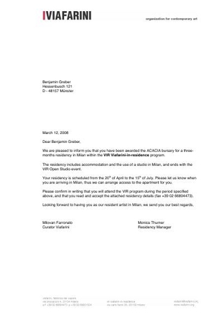 Viafarini invitation letter to Benjamin Greber