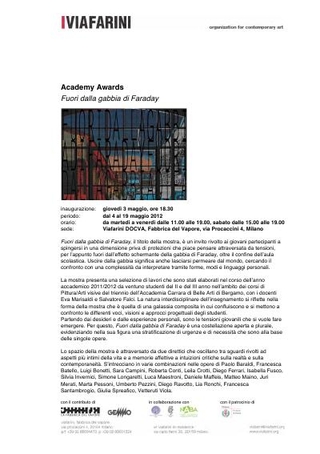 Academy Awards, "Fuori dalla gabbia di Faraday", 2012, comunicato stampa, mappa dell'allestimento e didascalie opere