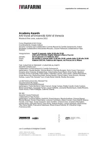 Academy Awards, "Arti visive all'Università IUAV di Venezia", 2012-2013, comunicato stampa e locandina "Curatorial Party"